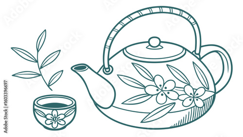 Floral Tea Set Teapot Cup and Branch Outline Illustration.