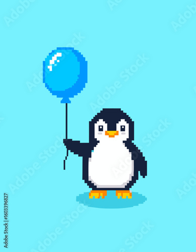 Adorable pixel art penguin holding a festive yellow balloon against a solid blue background. This retro 8-bit character is a simple, cute, and cheerful graphic design element.