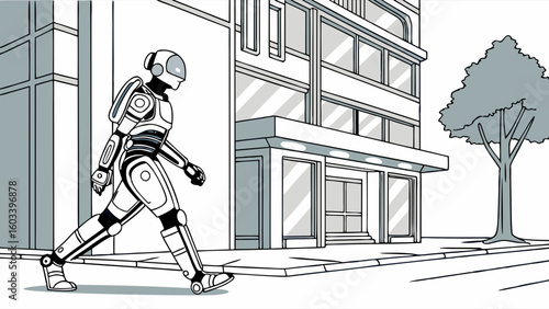 Futuristic Robot Walking Near a Modern Building in Cityscape.