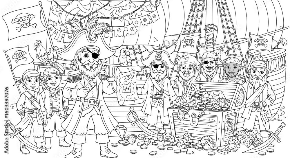 Naklejka premium Drawing to paint pirate ship coloring page for kids and adults with treasure map and pirates coloring book activity page vector