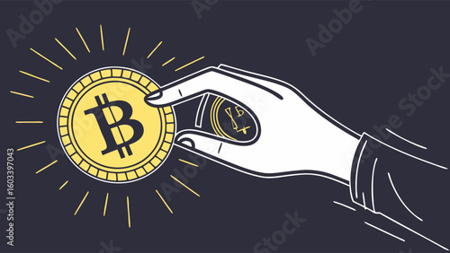 Hand Holding Bitcoin Cryptocurrency Coin with Rays.