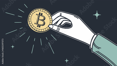 Hand Holding Bitcoin Cryptocurrency Coin with Stylized Design.