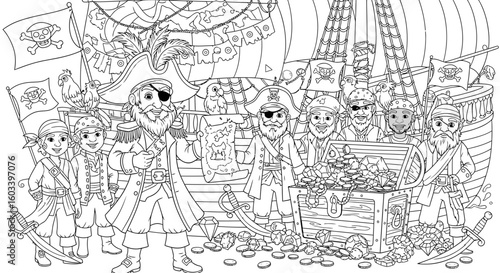 Drawing to paint pirate ship coloring page for kids and adults with treasure map and pirates coloring book activity page vector
