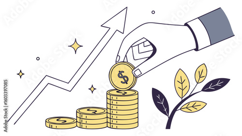 Hand Placing Coin on Growing Stack of Gold Coins with Upward Arrow.