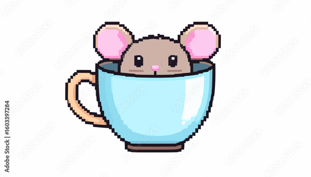 Fototapeta premium A cute brown pixel art mouse with large pink ears peeking out of a blue teacup.
