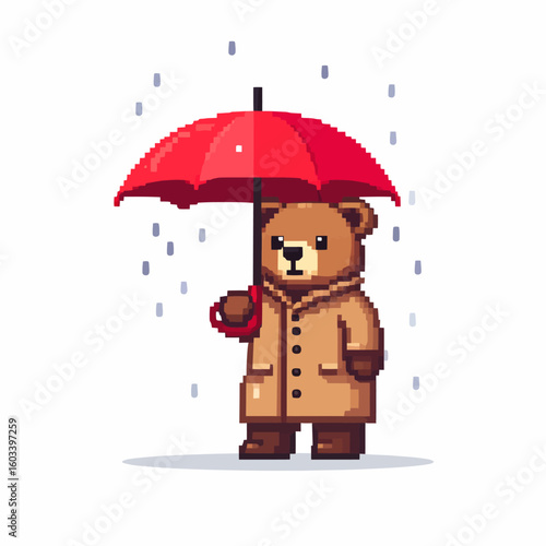 Pixel art illustration of a cute brown bear wearing a trench coat and holding a red umbrella in the rain.