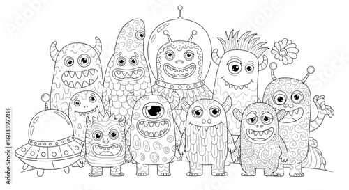 Drawing to paint monster coloring page for kids and adults cute cartoon monsters alien spaceship funny monster coloring activity vector