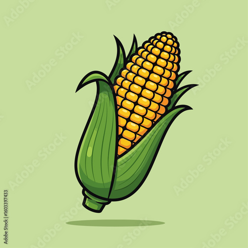 Illustration of a ripe ear of corn with green husks, showcasing the yellow kernels, against a light green background.