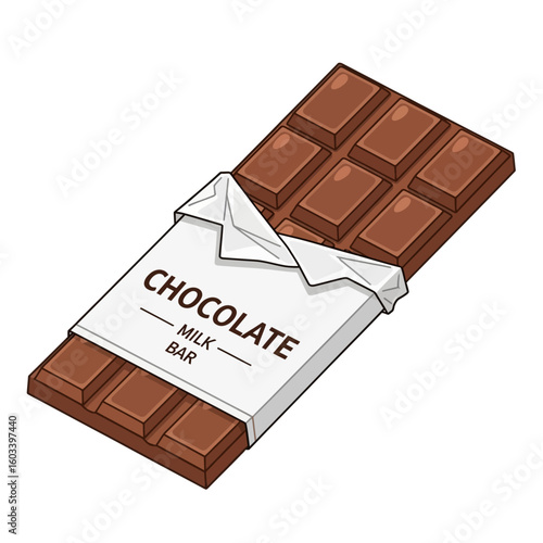 A cartoon illustration of a milk chocolate bar partially unwrapped, revealing the segmented chocolate beneath the white wrapper.