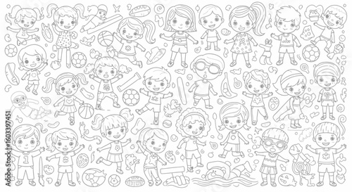 Drawing to paint kids sports coloring page with children playing soccer basketball swimming and other activities for creative fun vector