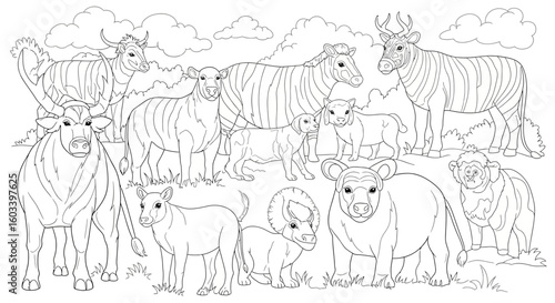 Drawing to paint detailed outline drawing of farm animals coloring page for kids and adults relaxation and stress relief vector