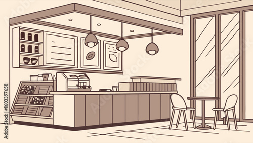 Illustrated coffee shop interior with counter display case and seating.