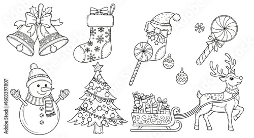 Drawing to paint christmas coloring page with snowman christmas tree reindeer bells and stocking for kids and adults vector