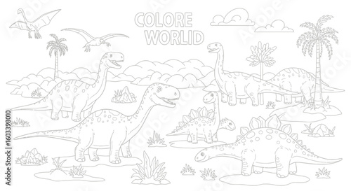 Drawing to paint dinosaur coloring page for kids featuring brachiosaurus and stegosaurus in a prehistoric landscape scene vector