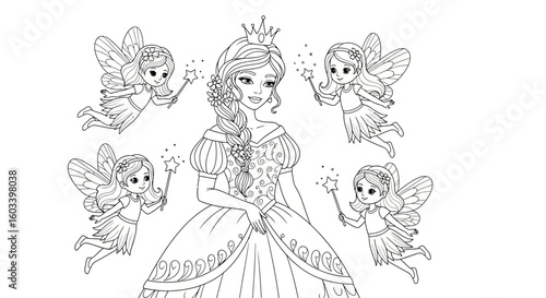 Drawing to paint princess coloring page with fairies for kids and adults printable fairy tale fantasy coloring book page vector