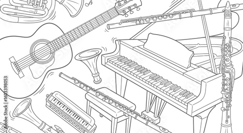 Drawing to paint musical instruments coloring page for kids and adults guitar piano trumpet flute clarinet illustration art vector