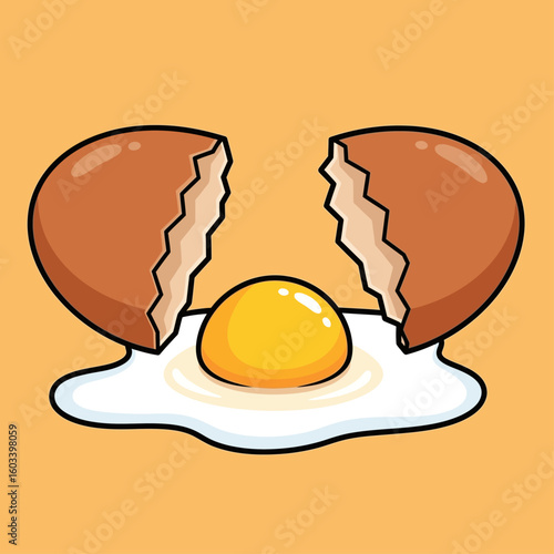 Cartoon illustration of a cracked egg with a bright yellow yolk and runny white on a light orange background.