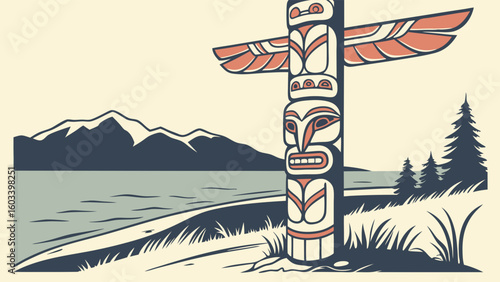 Illustrated Totem Pole with Mountains Lake and Trees Landscape.