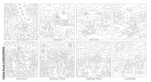 Drawing to paint four seasons coloring pages for kids autumn winter spring summer printable activity sheets seasonal illustrations vector