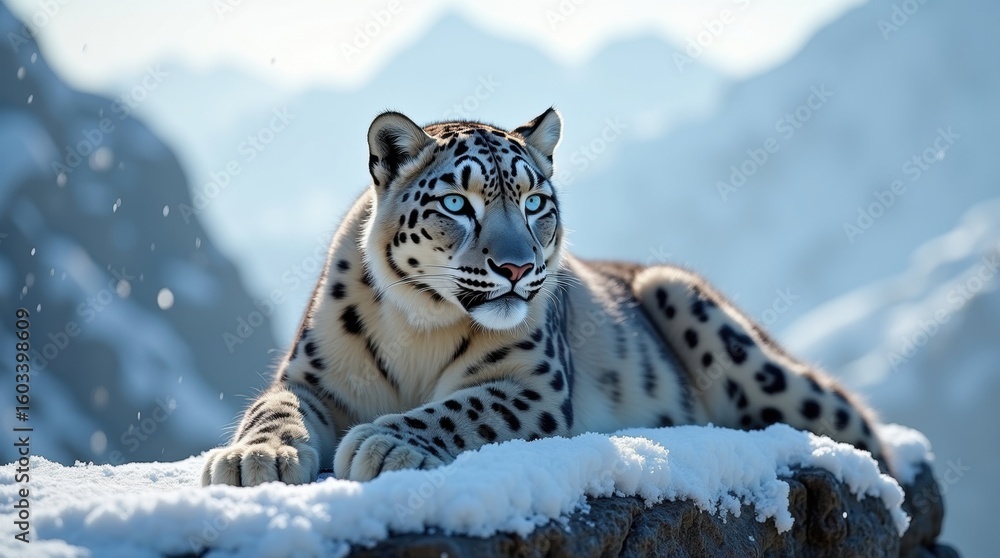Obraz premium Majestic Snow Leopard Resting on Snowy Rock in the High Mountains, Wildlife Photography