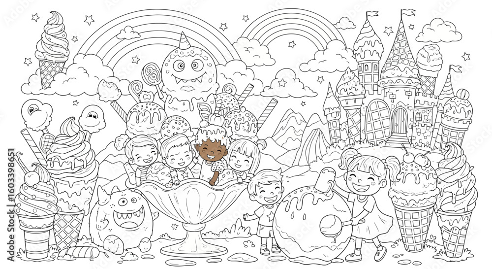 Fototapeta premium Drawing to paint ice cream coloring page for kids and adults featuring children, castle, rainbow, and dessert theme fun vector
