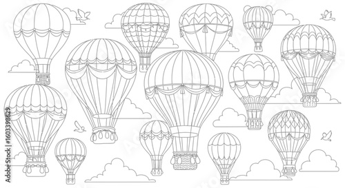Drawing to paint hot air balloons coloring page for kids and adults printable balloon outline illustration with clouds art vector