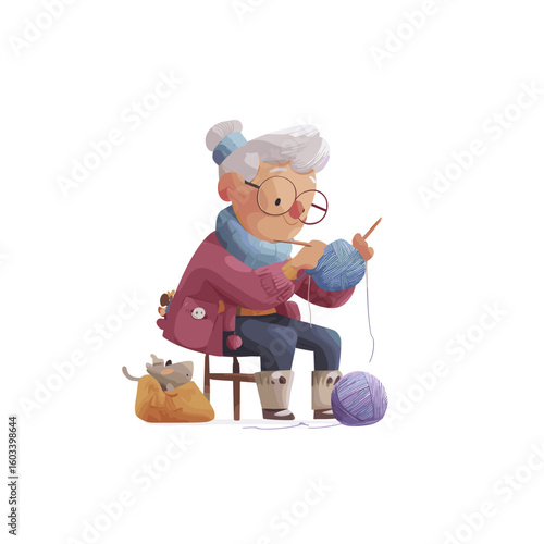 A charming illustration of a senior woman knitting with a playful cat.