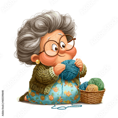 An elderly woman happily knitting with colorful yarn.