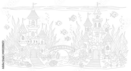 Drawing to paint underwater kingdom coloring page for kids and adults with castle fish and sea life printable activity 100 char vector