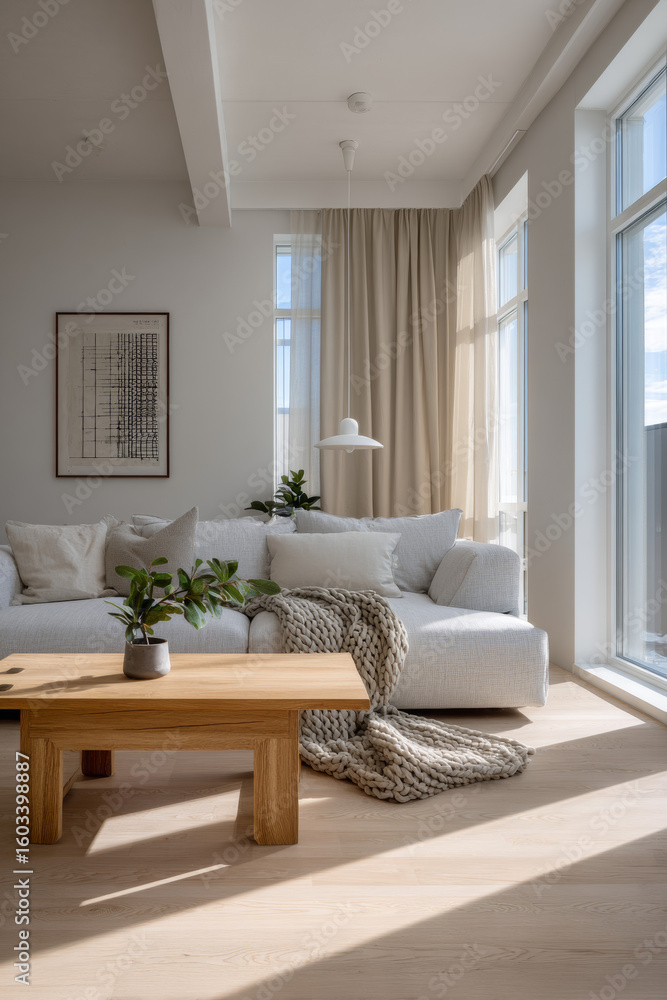 Fototapeta premium Textured Nordic Interior Featuring Soft Neutrals and Natural Light Accents 