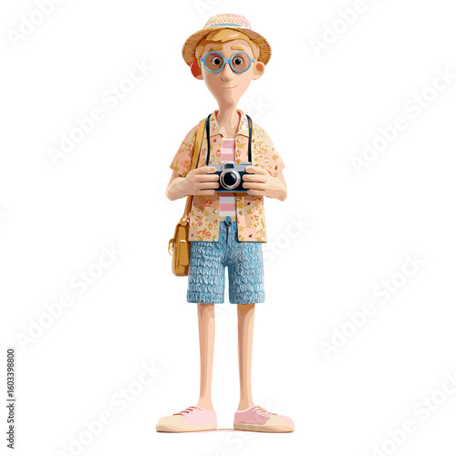 A cartoon tourist character holding a camera in a cheerful pose.