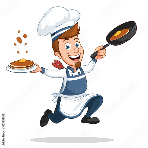 A cheerful cartoon chef serves delicious pancakes with excitement.
