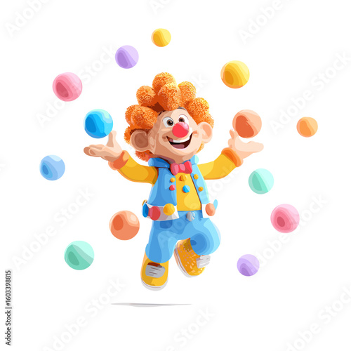 A colorful clown juggling multiple balls with joy.