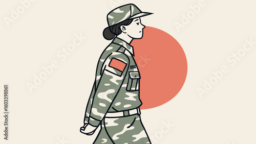 Illustration of a woman in military camouflage uniform and cap.
