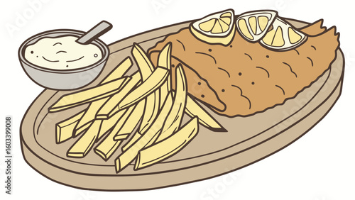 Illustration of Fish and Chips with Lemon and Sauce.