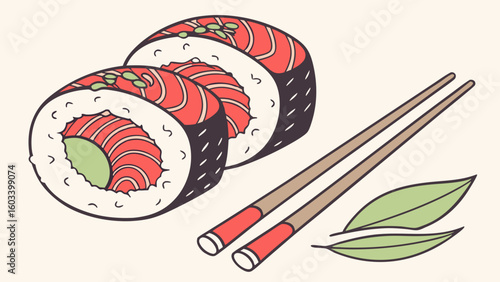 Illustration of Salmon Sushi Rolls with Chopsticks and Leaves.