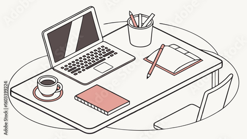 Isometric Desk Setup with Laptop Coffee and Stationery.