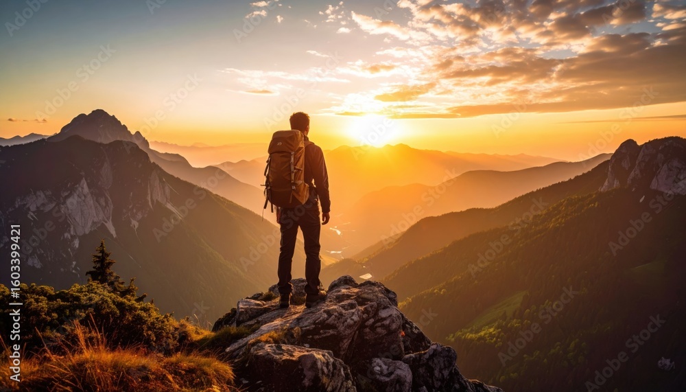 Fototapeta premium Hiker Contemplating Sunrise Over Mountain Range