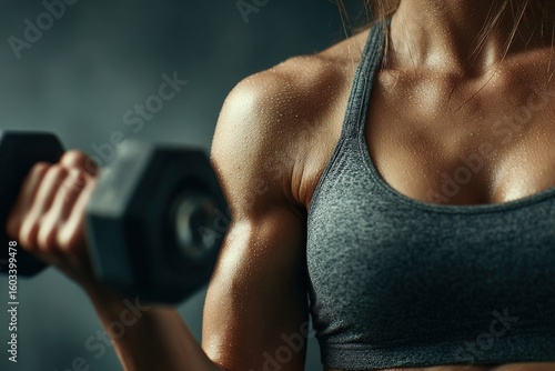 Close up of a sweaty female athlete lifting weights, embodying strength and dedication while pushing her limits in fitness training