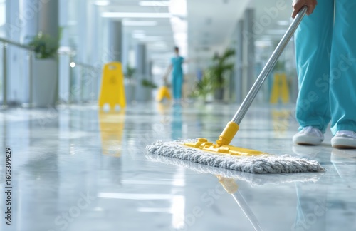 The  cleaning staff mopping it using a microfiber mop in a hospital.