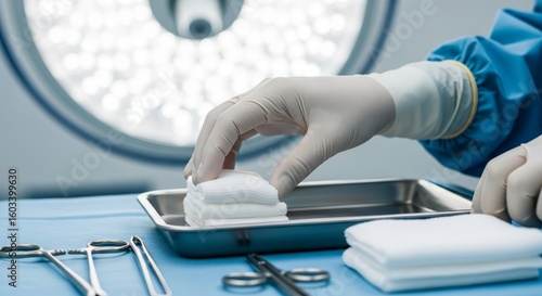 Medical professional in blue scrubs arranging sterile gauze pads on surgical instrument tray in operating room with overhead surgical lights