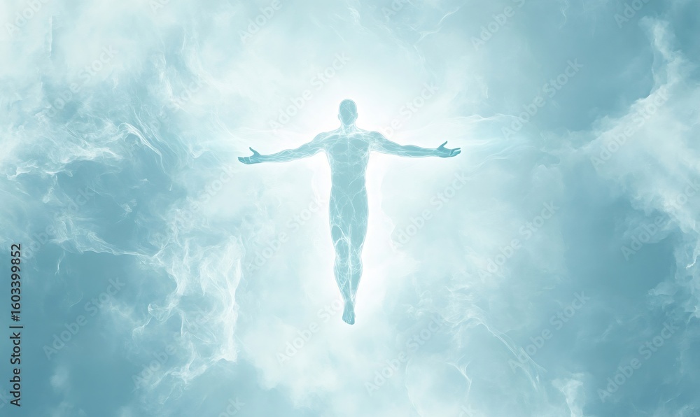 Naklejka premium Luminous silhouette rising through misty clouds, arms extended toward radiant glow, symbolizing transcendence, spiritual journey, and mystical transformation