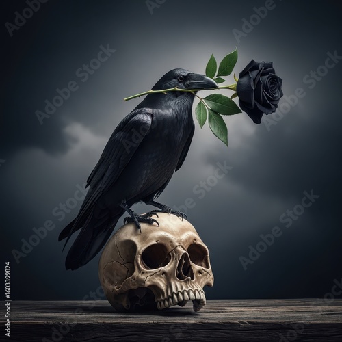 Black raven holding black rose perched on human skull on wooden surface crow black bird
