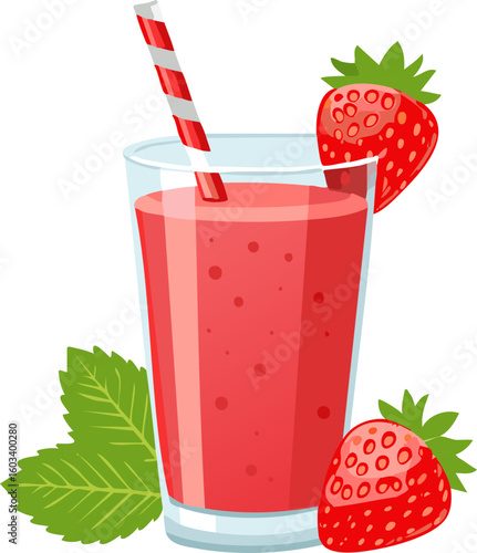 A refreshing strawberry smoothie with a striped straw and garnish