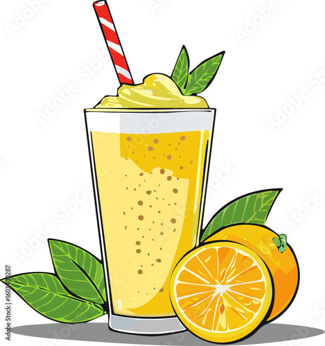 Refreshing citrus smoothie with fruits and leaves, perfect for a hot day. A delicious healthy beverage
