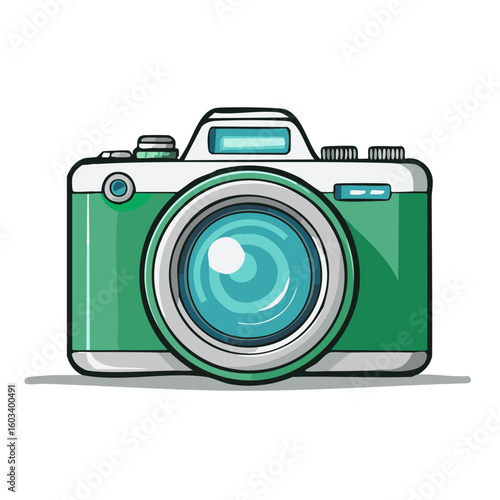 Front view of retro camera with lens on white background, illustration camera object, vintage photo equipment.