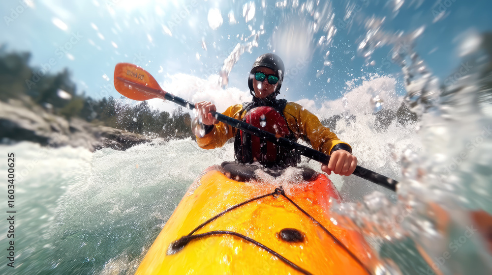 Obraz premium A person in a helmet and life jacket paddles energetically through whitewater rapids in a bright orange kayak on a sunny day.