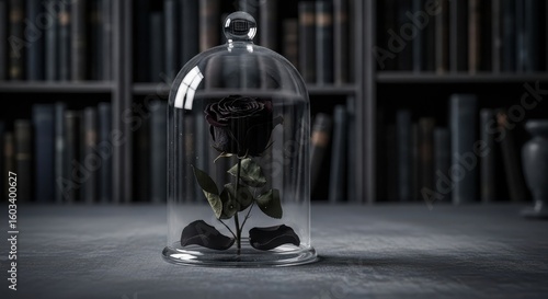 Black rose in glass dome on table with blurred bookshelf background flower bell jar