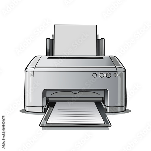Illustration depicting a modern office inkjet printer receiving papers from its printing tray in black and white style