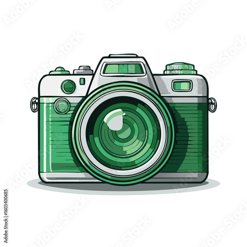 Vintage Green Camera Front View Illustration, Classic Photography Equipment, Green Toned Photograph Taking Device